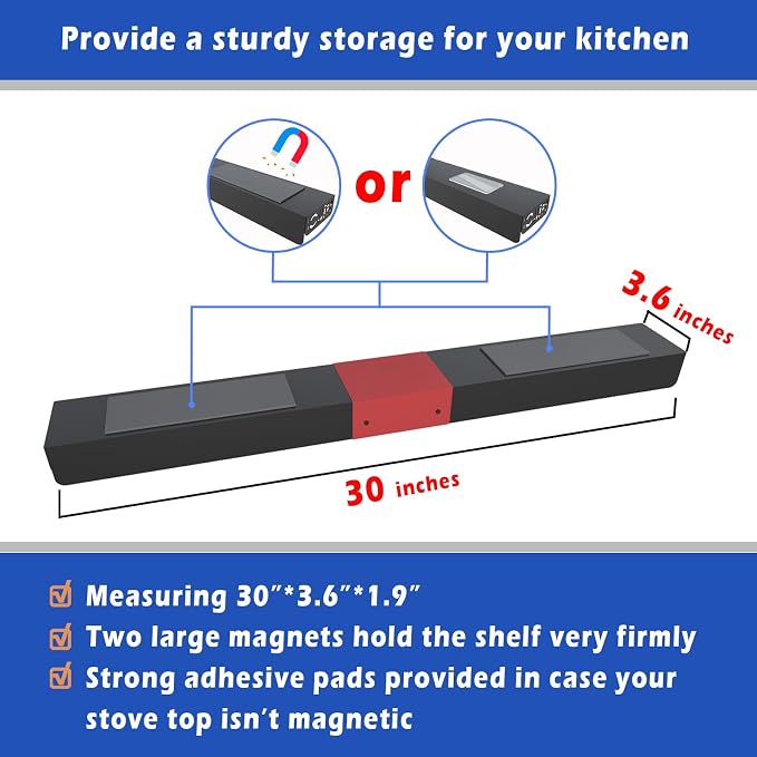 STUTOV 30" Magnetic Stove Top Shelf – Black Spice Rack with Red HOME Design – Seasoning Organizer for Back of Stove – Over Stove and Kitchen Storage Shelf