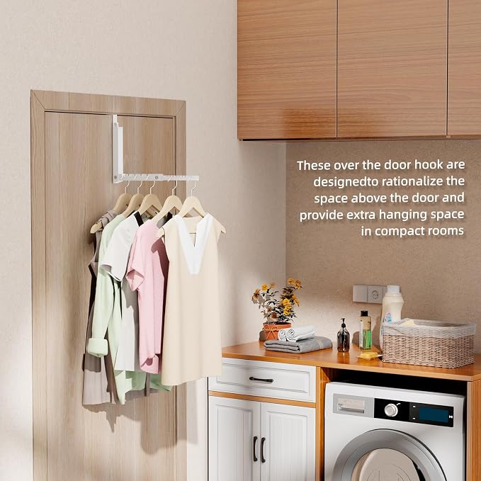 BAKON Over The Door Hanger Folding Clothes Drying Rack, Double Fold Hanging Door Hooks Coat Rack for Indoor Laundry Room Compact Small Space Foldable Portable Clothing Hanger Hook Collapsible- 2 Pack