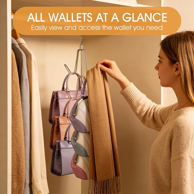 6-Hook Purse & Handbag Hanger for Closet, 360° Swivel, 30 LB | Metal, Keeps Bags in Shape & Visible – Also for Belts, Ties, Scarves, Hats