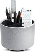 Round Leather Art Supply Organizer,Remote Control Holder,360 Degree Spinning,Multi-Functional Pencil Holder,4 Compartments Desktop Stationary Organizer(1-Lichee Silver)