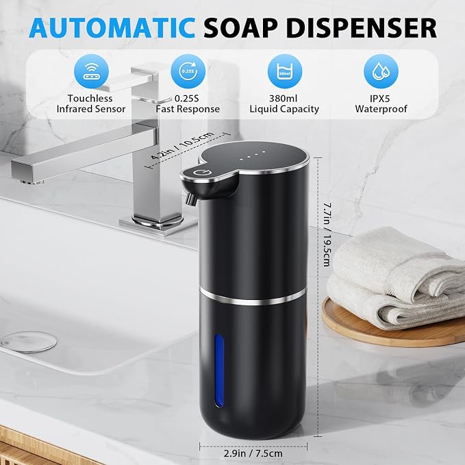 Fantictas Automatic Foaming Soap Dispenser Touchless, 4 Adjustable Levels | Foam Soap Dispenser 380ML, USB Charging Wall Mount for Kitchen & Bathroom, IPX5 Waterproof
