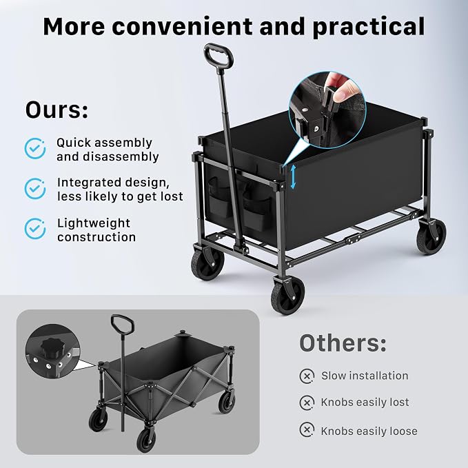 29.3" Collapsible Wagon Cart, 150L Heavy Duty Folding Utility Wagon with Wheels, 260 lbs Load, Portable Rolling Cart for Garden, Shopping, Sports, Camping, Black