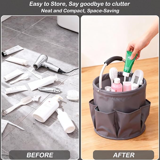 17L Foldable Cleaning Caddy with Handle, Cleaning Supplies Organizer Storage Basket with 6 Side Pockets, Portable Multi Cleaning Bucket Bag for Home Garden Bathroom Camping (Dark Grey)