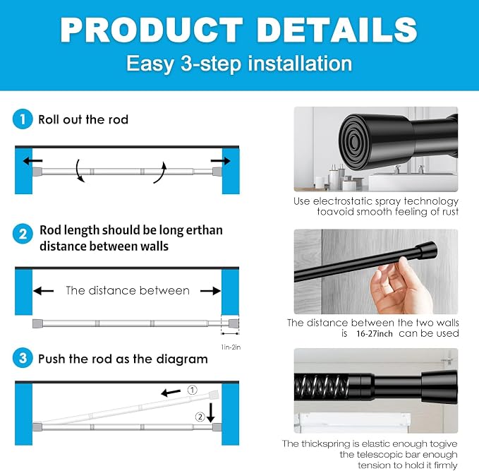 2 Pack Spring Tension Rods 16-27 Inches, 5/8 Inch Diameter Black No Drill Spring Loaded Adjustable Extendable, Small Short Tension Curtain Rod for Windows Kitchen Doorway Closet Cupboard