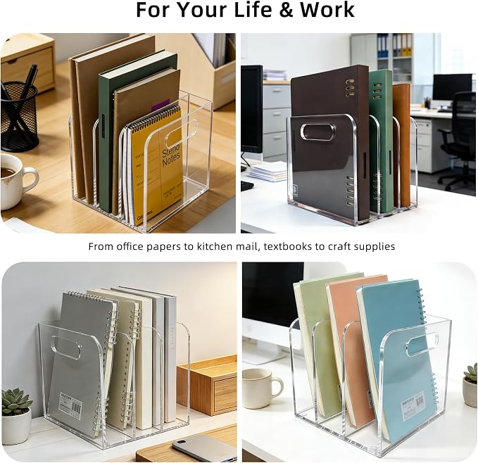 Clear Acrylic Magazine File Holder, 3 Compartment Desk Organizer | 3 spacious vertical compartments hold magazines, files, books & more. Clear acrylic, non-slip base. No assembly, portable.