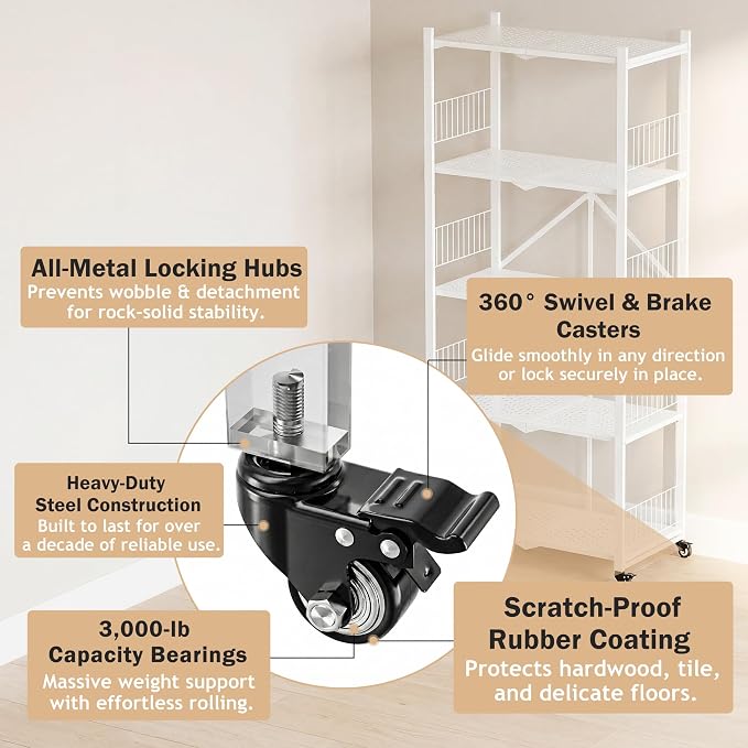 Folding Shelves No Assembly, 5 Tier Foldable Storage Shelves with Wheels, 220LBS Per Shelf Metal Collapsible Rack for Pantry Storage & Home Organization, White