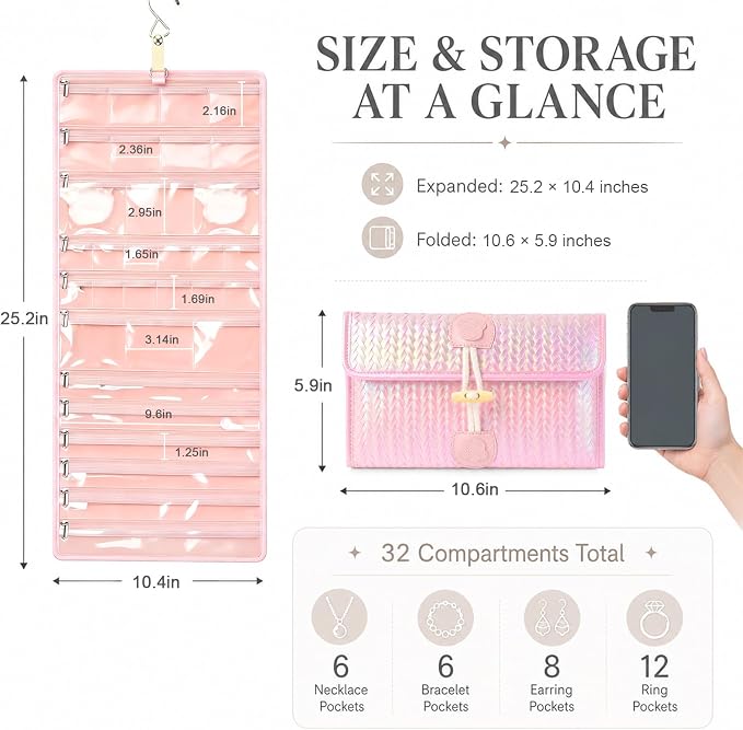 32-Pocket Hanging Jewelry Organizer and Foldable Travel Roll | Clear Zippered Pockets, Necklace Clasps, Swivel Hook and Carry Buckle Keep Pieces Visible and Tangle-Free, Pink