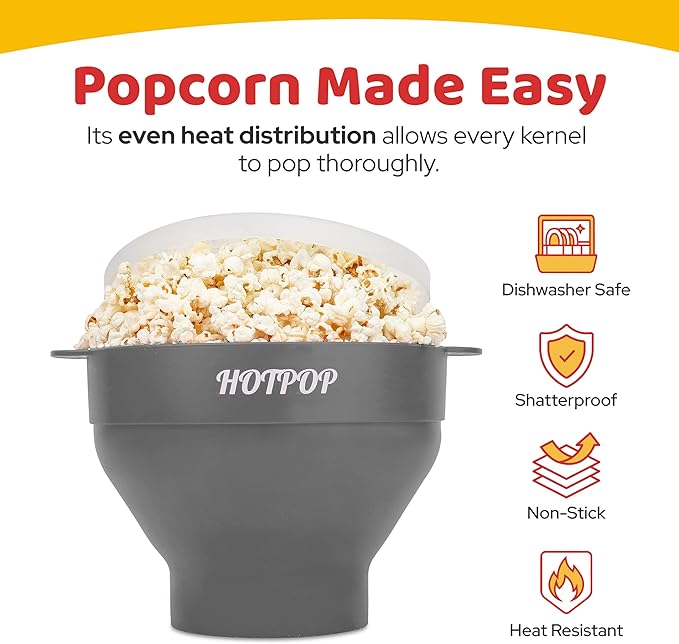 The Original Hotpop Microwave Popcorn Popper, Silicone Popcorn Maker, Collapsible Bowl BPA-Free and Dishwasher Safe- 20 Colors Available (Gray) (Pack of 2)