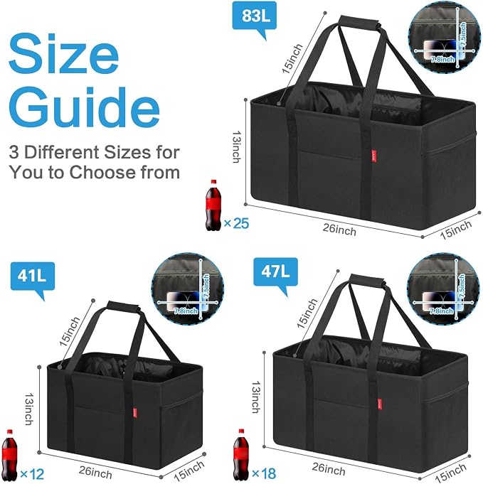 LHZK 2 Pack Extra Large Utility Tote Bag with Metal Wire Frame and the Sides Rinforced, Extra Large Tote Bag with Handle, Reusable Grocery Bags Foldable, Beach Bag, Car Tote (Black, 26''x15''x13'')