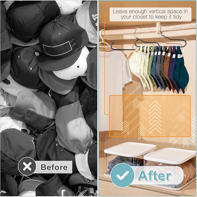 Hat Storage Organizer for Baseball Caps, Non Slip PVC Coating Hat Rack Hangers for Closet Hat Holder Max 10 Hats Closet Organizers and Storage for Cap Purse Belt Tie Bra Black 2 Pack