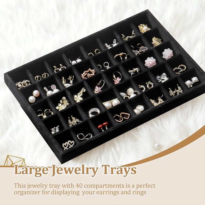 Large Jewelry Organizer for Drawer Insert Velvet Stackable Jewelry Trays for Earring Necklace Bracelet Ring Display (Black, 40 Grids)