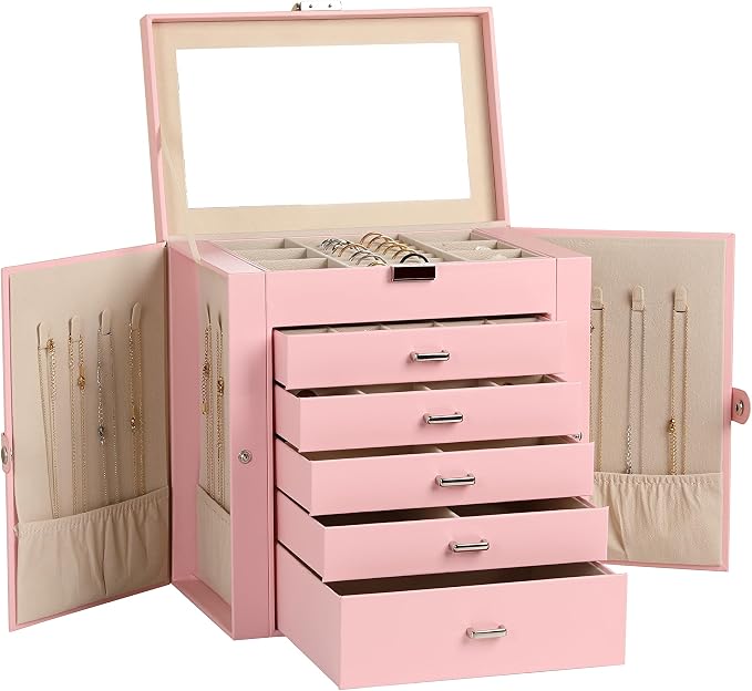 Frebeauty 6-Layer Jewelry Box for Women,Large Jewelry Organizer with Drawer | Faux Leather,Built-in Mirror,Spacious Jewelry Storage,16 Necklace Hooks,Organizing by Category for Rings Earrings Bracelet