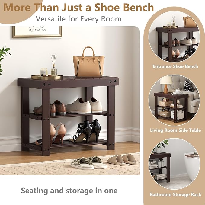 NEWBULIG Shoe Rack Bench, 3-Tier Bamboo Shoe Organizer, Wooden Entryway Storage Bench, 286 lb Load Capacity, 11.2x19.7x17.9 Inches, for Entryway Bathroom Bedroom Balcony, Brown