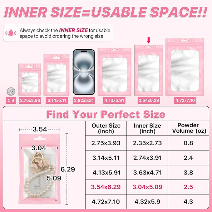 100 PCS Pink Resealable Mylar Bags with Zipper and Frosted Clear Window Packaging Bags Foil Pouch Zipper Bag for Food Self Sealing Storage Supplies 3.54x6.29