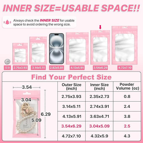 100 PCS Pink Resealable Mylar Bags with Zipper and Frosted Clear Window Packaging Bags Foil Pouch Zipper Bag for Food Self Sealing Storage Supplies 3.54x6.29