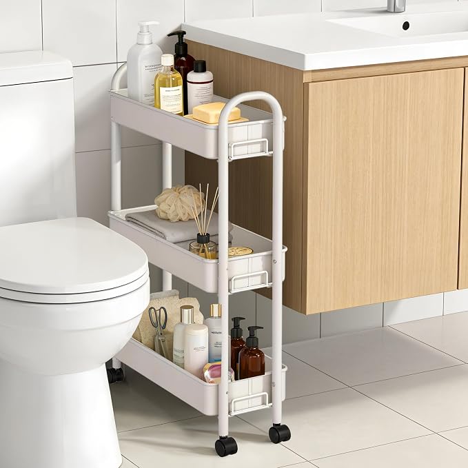 Slim Rolling Cart, Metal Frame Utility Rolling 3-Tier Narrow Storage Cart with Handle Kitchen Storage Organizer, Mobile Shelving Unit for Bathroom Kitchen