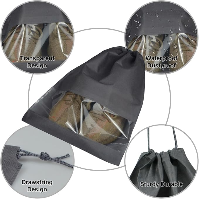 10 Pack Shoe Bags for Travel, Drawstring Bag for Men Women, Shoe Storage, Travel Essentials, Organization Accessories (10, Grey)