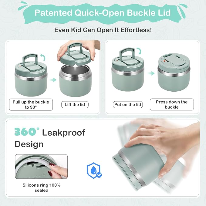 MAXSO 14oz Vacuum Insulated Food Jar with Spoon Buckle Lid, Kids Soup Thermo for Hot Food Wide Mouth Leakproof Stainless Steel Lunch Container - Green
