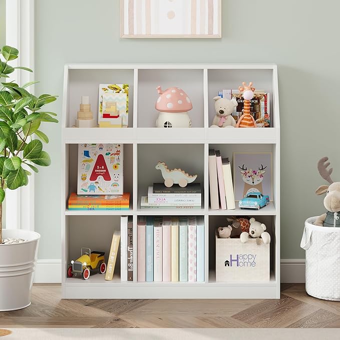 NELYE 9-Cube Wooden Storage Bookcase - 11-Inch Open Shelf Cabinet, Simple Modern Bookshelf Organizer for Home Office, Living Room, White