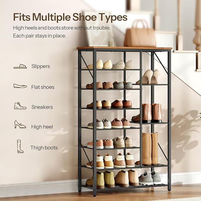 HOOBRO 8 Tier Shoe Rack for Entryway, Large Capacity Tall Shoe Storage | 27.6" L Shoe Shelf, Storage Organizer with Metal Plates, Sturdy and Stable, for Bedroom, Hallway, Closet Rustic Brown