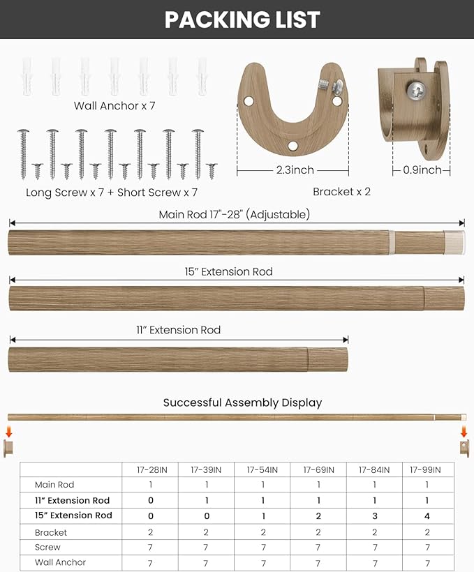 Supforce Closet Rods for Hanging Clothes, 17 to 99 Inches Stepless Adjustable Metal Closet Rod, 1.3 Inches Heavy Duty Clothes Hanging Rod for Closet Wardrobes Laundry RV(Wood Grain)
