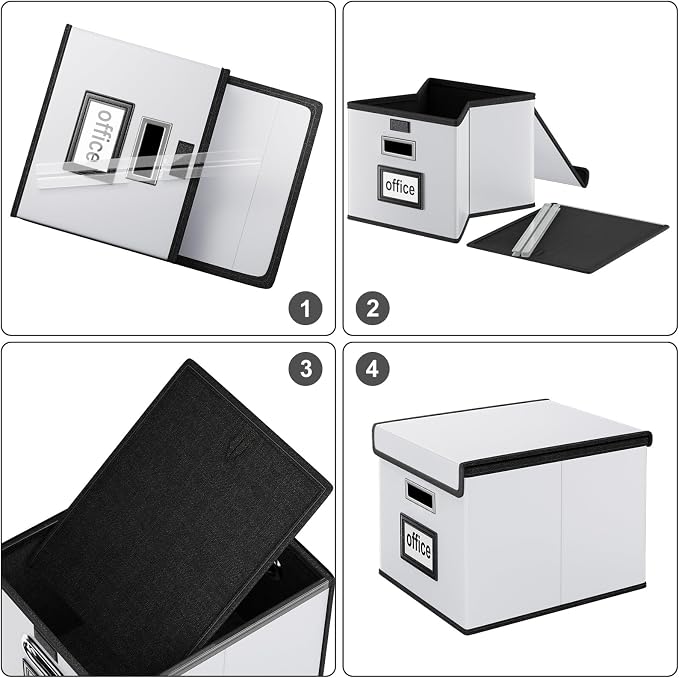 File Organizer Box with Lid, Collapsible Faux Leather Hanging File Folder Box Organizer with Plastic Slides, Decorative Home/Office Filing System Boxes for File and Folders Storage