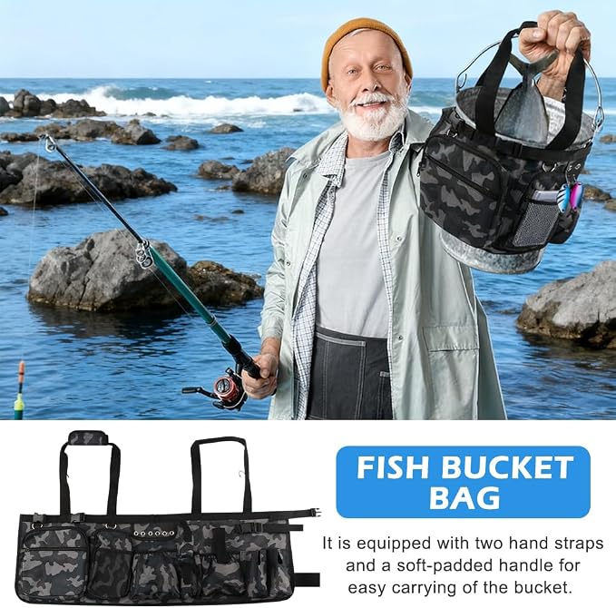Fishing Bucket Organizer for 5 Gallon Bucket,Outdoor Ice-Fishing Tackle Bag with Bait Buckets Cover,Adjustable Buckle,Multi-Pockets for Fishing Gear & Accessories Storage