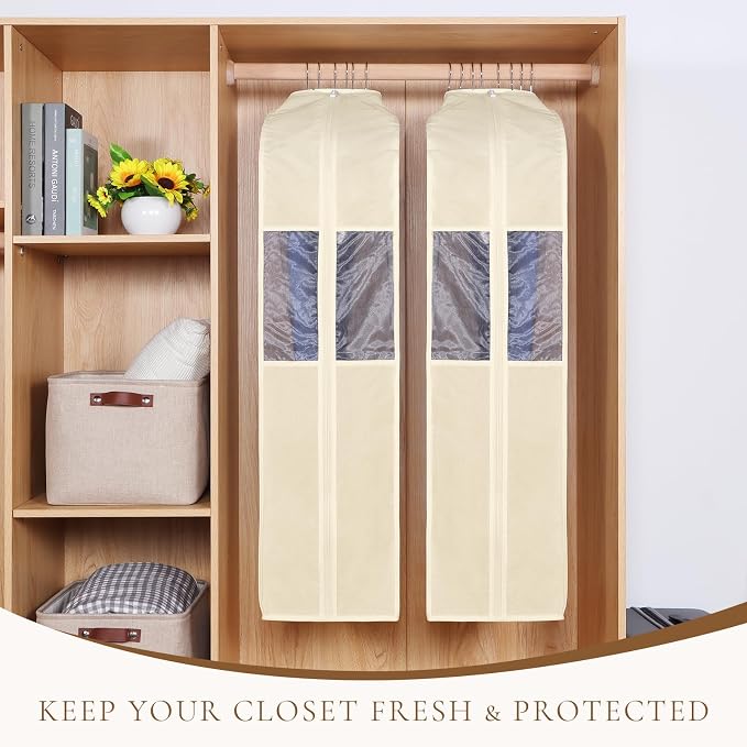 Univivi Premium Cotton Garment Bags for Hanging Clothes and Storage, 40 Inch Washable Suit Cover Bag with Extra Large 10" Gusset & Clear Window - Perfect for Suits, Coats, Jackets - 2 Pack, Beige