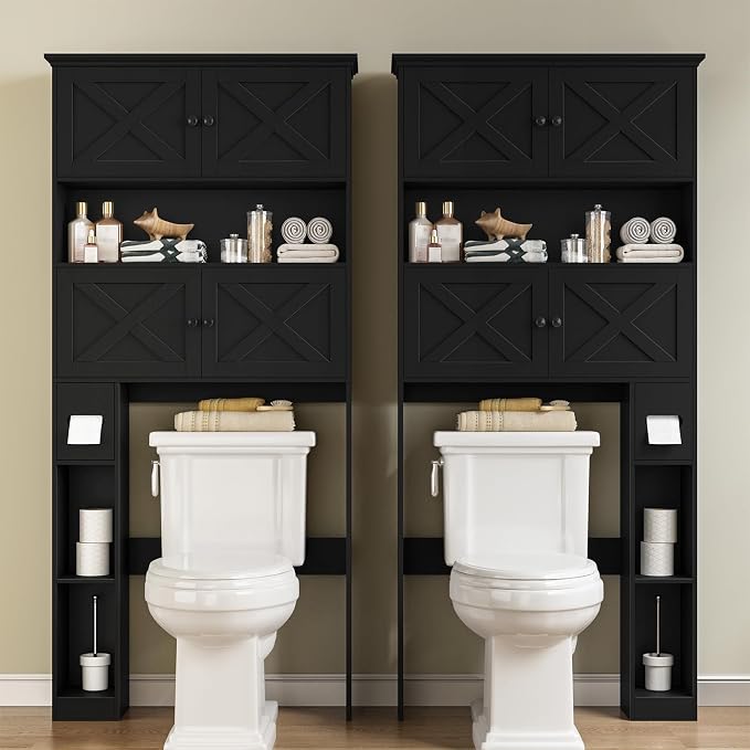 Halitaa Over The Toilet Storage Cabinet with Doors & Paper Holder, Black | Halitaa Farmhouse Toilet Shelf Home Space Saver with 4 Barn Doors & Toilet Paper Holder Stand for Restroom, Bathroom, Laundry