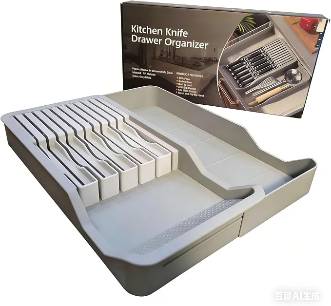 Drawer Knife Organizer Insert with Expandable Tray Fit 11 Knives | Adjustable Plastic Knife Storage Tray Hold Kitchen Tool, BPA-Free, Ventilated, Space-Saving, Easy to Clean