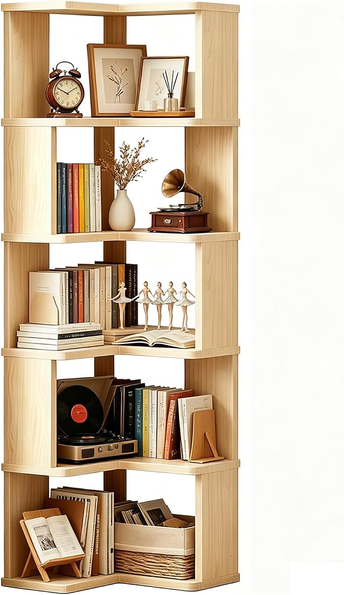 Tall Corner Bookshelf, 6 Tier Corner Book Shelf Etagere Bookcase with Baffle, Freestanding L Shaped Display Shelf Stand for Home Office, Living Room, Bedroom, Brown