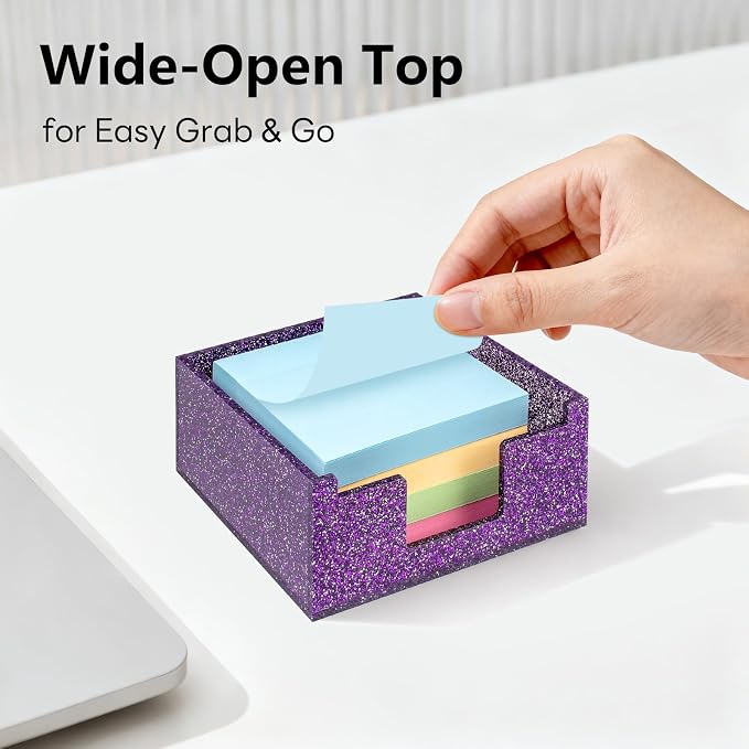 Acrylic Sticky Note Holder 4x4in Tray for Desk, Purple Glitter | Sparkling glitter acrylic tray, fits 3x3 sticky notes, compact organizer for office school and home