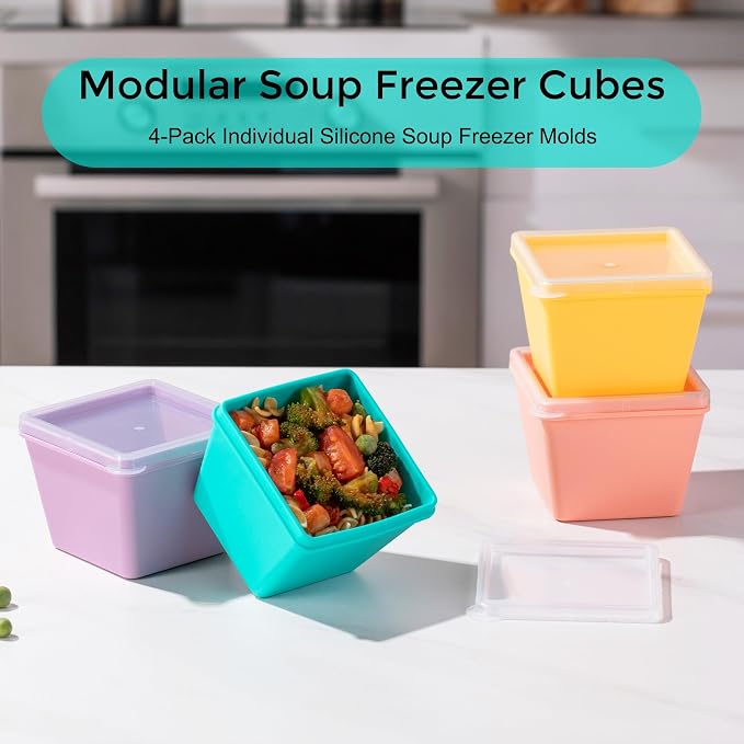 Gemice 1-Cup Silicone Freezer Molds with Lids, Individual 4-Pack | Oven & Dishwasher Safe, BPA-Free Soup Portion Cubes Trays, Freezer Containers for Food Storage
