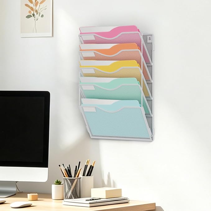 BOHDK Wall File Organizer, Hanging File Folder Organizer, Vertical Mesh Metal Door/Wall Mount Hanging File Holder. Paper Document Magazine Rack with Hooks for Home Office Black (5 Pockets White)