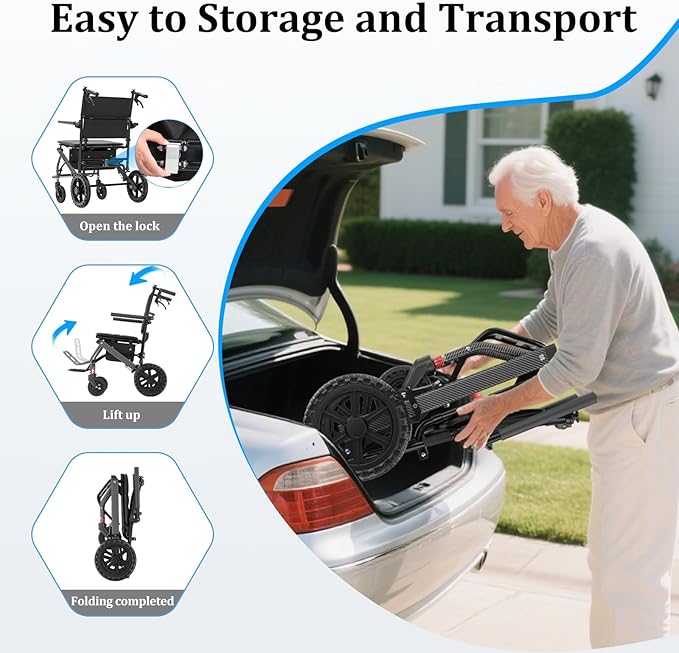 Nihhcune Foldable Wheelchair for Seniors, Ultra Lightweight Rolling Transport Chair with One-Hand Fold No Installation Portable Travel Wheelchair with Handbrake Seat Belt Storage Bag, 300lb Capacity