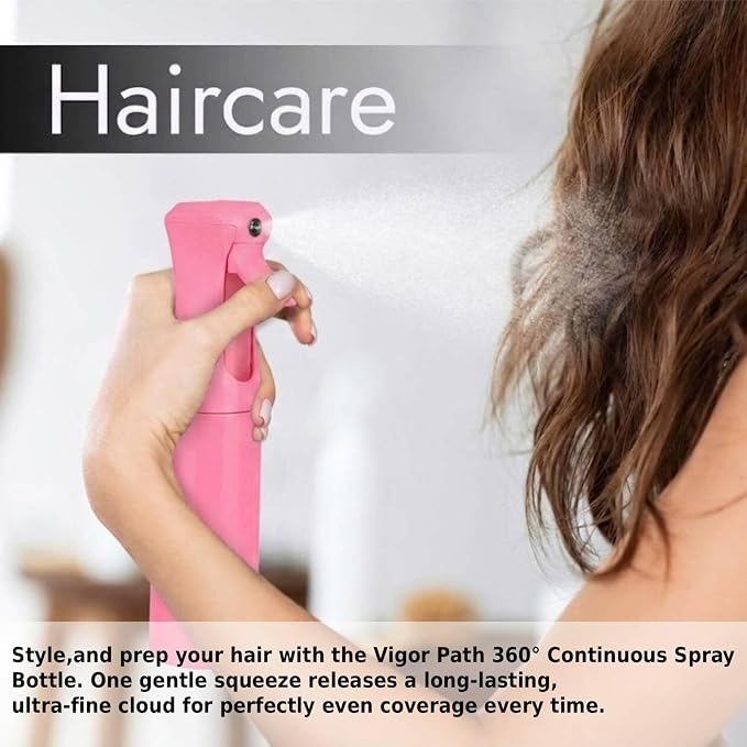 VIGOR PATH Continuous Spray Bottle for Hair – Fine Mist Mister for Hairstyling, Cleaning, Plants, Pets, Barbers, Salons, and Essential Oil Applications (300ml/10 oz) Pink