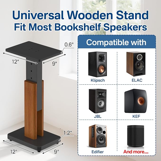 Height Adjustable Speaker Stands Pair for Studio Monitor & Bookshelf Speaker Stands-Wood Grain Floor Speaker Stands for Klipsch, ELAC, JBL, KEF, Edifier Surround Sound Speaker Stand Up to 50 Lbs