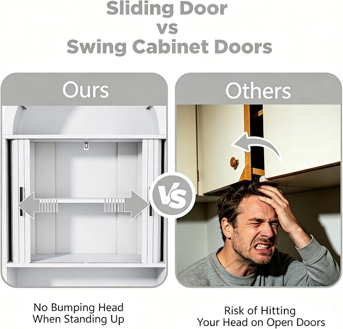Arched Over The Toilet Storage Cabinet, White Freestanding Bathroom Organizer with Sliding Door, Adjustable Shelf & Anti-Tip Device for Bathroom, Laundry