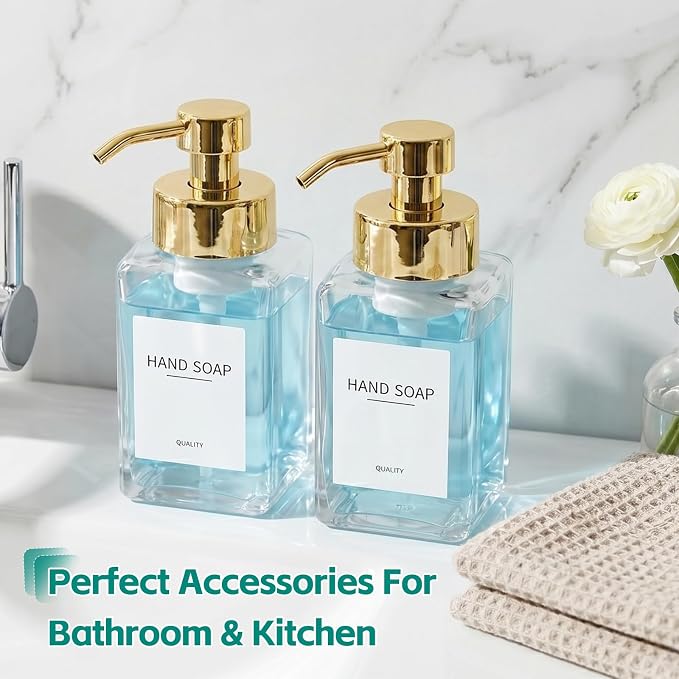 Foaming Soap Dispenser, 12oz/350ml Glass Foaming Hand Soap Dispenser Set, 2Pcs Refillable Foam Soap Dispenser with Foaming Pump, Labels, Square Foam Soap Hand Dispenser for Bathroom, Gold