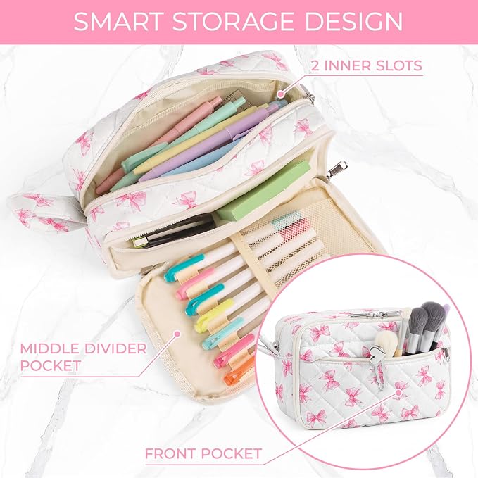 WOBAGMEN Quilted Pencil Pouch for Girls Women, Large Pencil Case Pouch with Compartments Cute Aesthetic Pencil Case Organizer, Floral Pencil Bag for School Supplies (Cute Pink Bow)