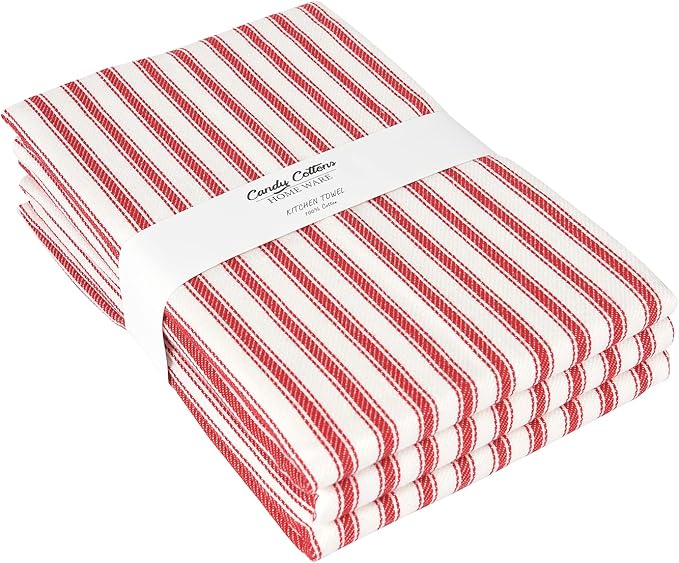 Stripe Kitchen Towels With Hanging Loop - Boho Absorbent Dish Towels Set of 3 - Reversible Reusable 18x28 Inch - Spring French Stripe Red - Festive Gift