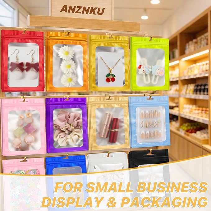 ANZNKU 100 PCS Resealable Mylar Bags with Frosted Clear Window Packaging Bags Foil Pouch Zipper Bag for Food Self Sealing Storage Supplies (4.72x7.1, Light Gold)