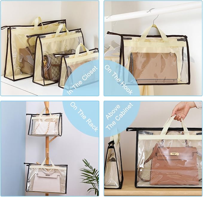 10 Set Handbag Storage Organizer Dust Bags for Purses Handbags Closet, Clear Purse Protector Storage Bag Dust Cover for Bags, Closet Organizer for Handbags with Hooks
