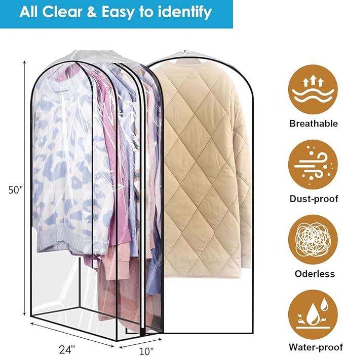 40" Clear Clothes Hangers with Smooth Side Zipper, 10" Gusseted Waterproof Garment Bags for Shirts, Coats, Dresses, Suits, 3 Pack