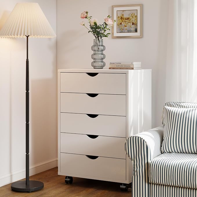 Sweetcrispy 5 Drawer Chest Mobile Storage Cabinets Small Wooden Dresser with Wheels Room Organization Furniture for Office Home, Rolling Vertical Organizer for Home Office, White Wood