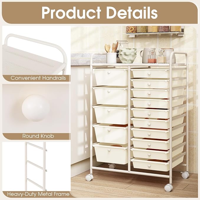 Moccha 15-Drawer Rolling Storage Cart - Under Desk Storage Drawers with wheels for Craft Art Supply Paper Salon, Scrapbook Paper Tools, Mobile Utility Cart for Classroom (15 Drawers, White)