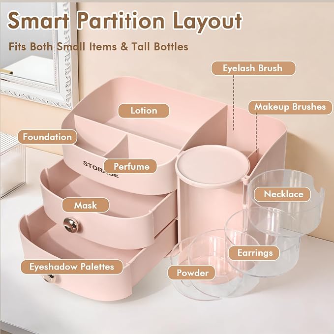XIAPIA Makeup Organizer Countertop, Make Up Organizer for Vanity | Skincare & Cosmetic Organizers with Drawers, Bathroom Storage for Brush Holder|Lipstick|Jewelry, Ideal Gift for Women, Pink