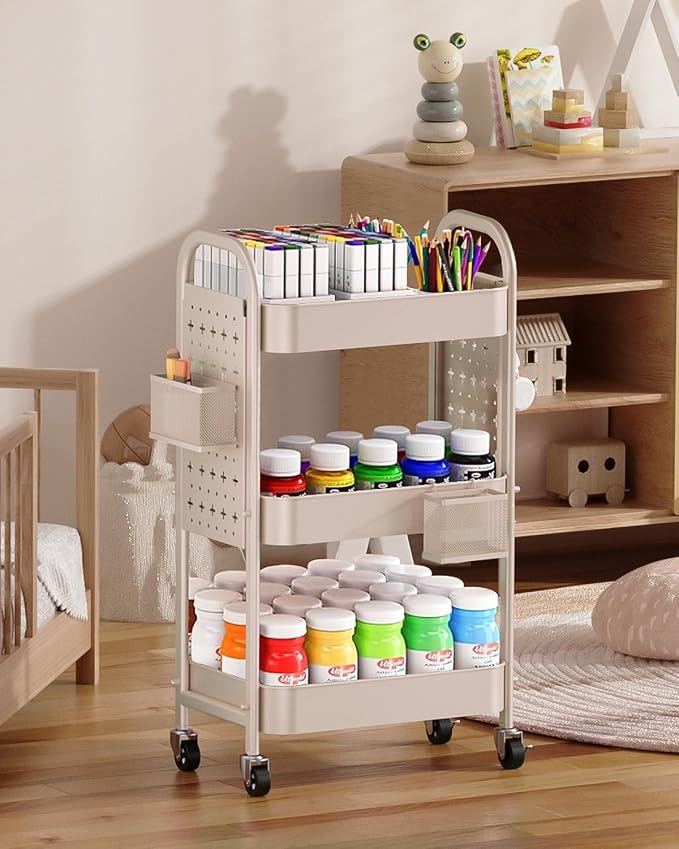 ALVOROG 3 Tier Metal Rolling Utility Cart with Pegboards,Baskets,Hook,Khaki | More Storage Craft Cart with Pegboards,Lockable Wheels,Hooks & Baskets to Organize Kitchen,Office,Bedroom and DIY Supplies