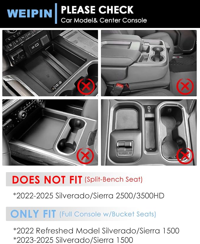 For 6PCS Refreshed Models 2022-2026 Silverado/Sierra 1500 & 2024-2026 Sierra 2500 3500 Console Liners-[3D High-Edge Liquid Silicone] Cup Holder Mats, Full Console w/Bucket Seats ONLY - Blue