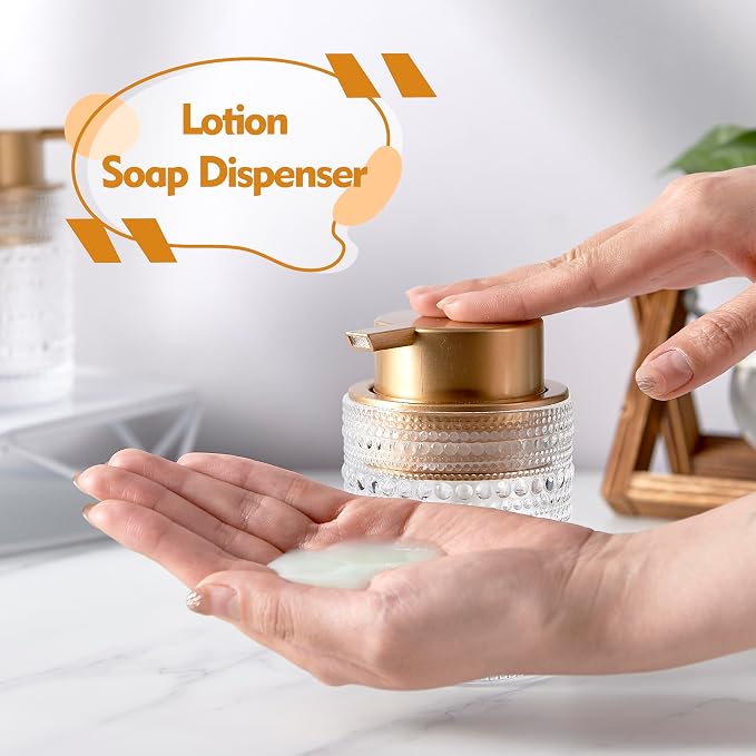 12oz Glass Liquid Soap Dispenser with Gold Pump, Hand Soap Bottles | Clear refillable bottle for bathroom hand soap, liquid, lotion. Cute decorative glass container. Easy to refill and clean
